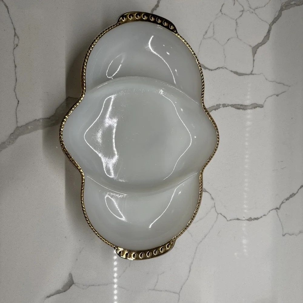 Milk Glass Multiple Use Tray with Gold Gilding 1950s/60s Fire king